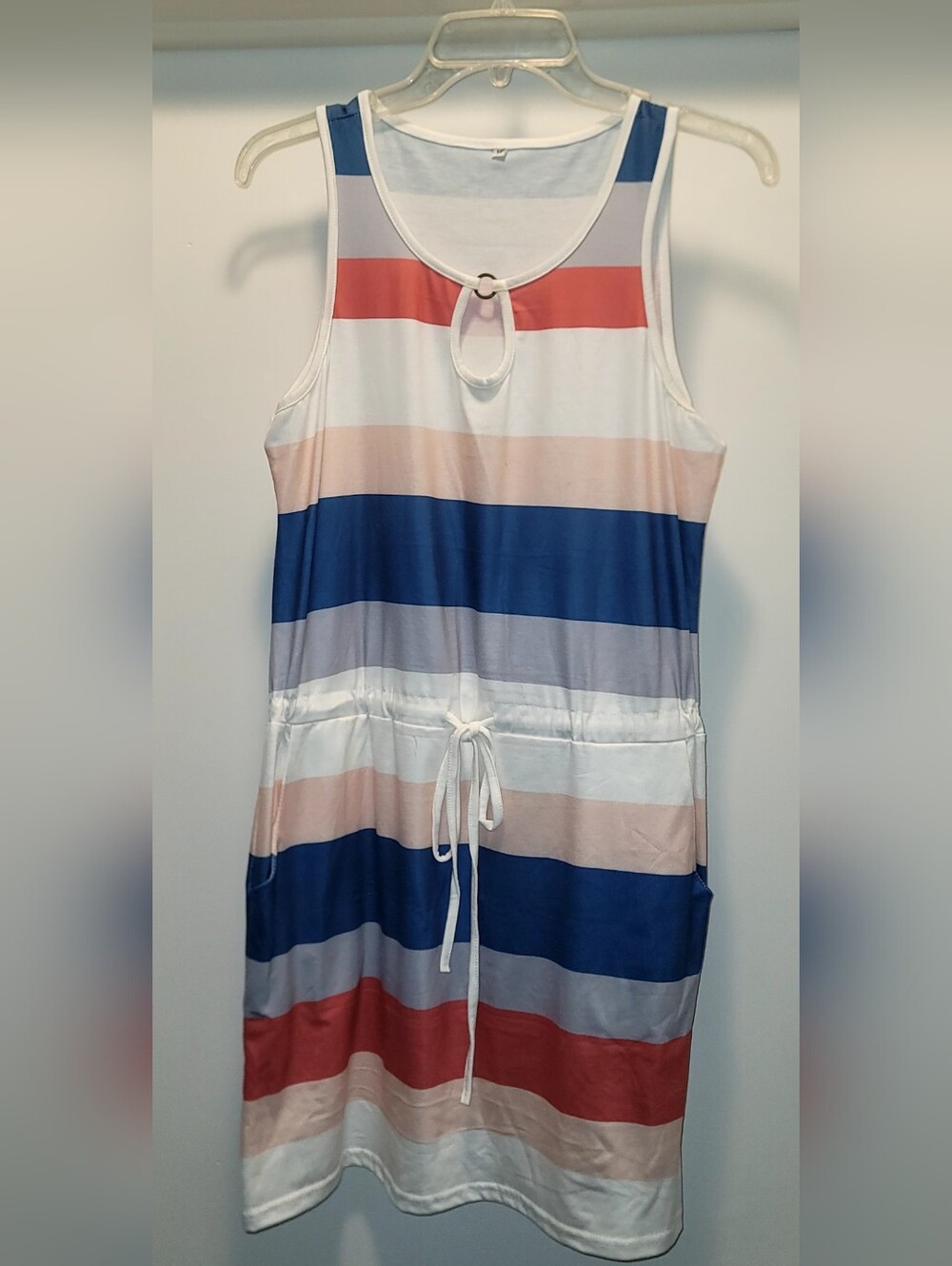 Summer Casual Striped Pink White And Blue Dress Medium